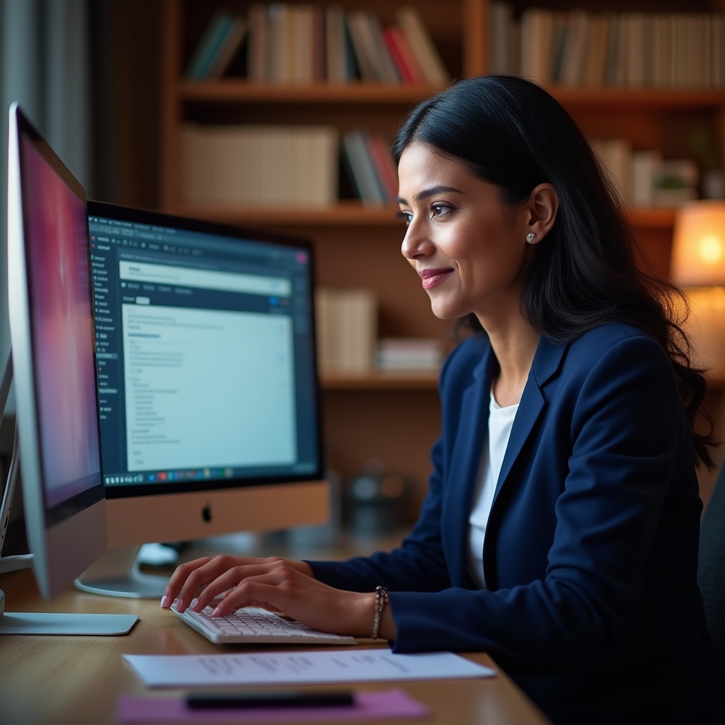 Professional reviewing async communication channels on multiple screens in a modern home office