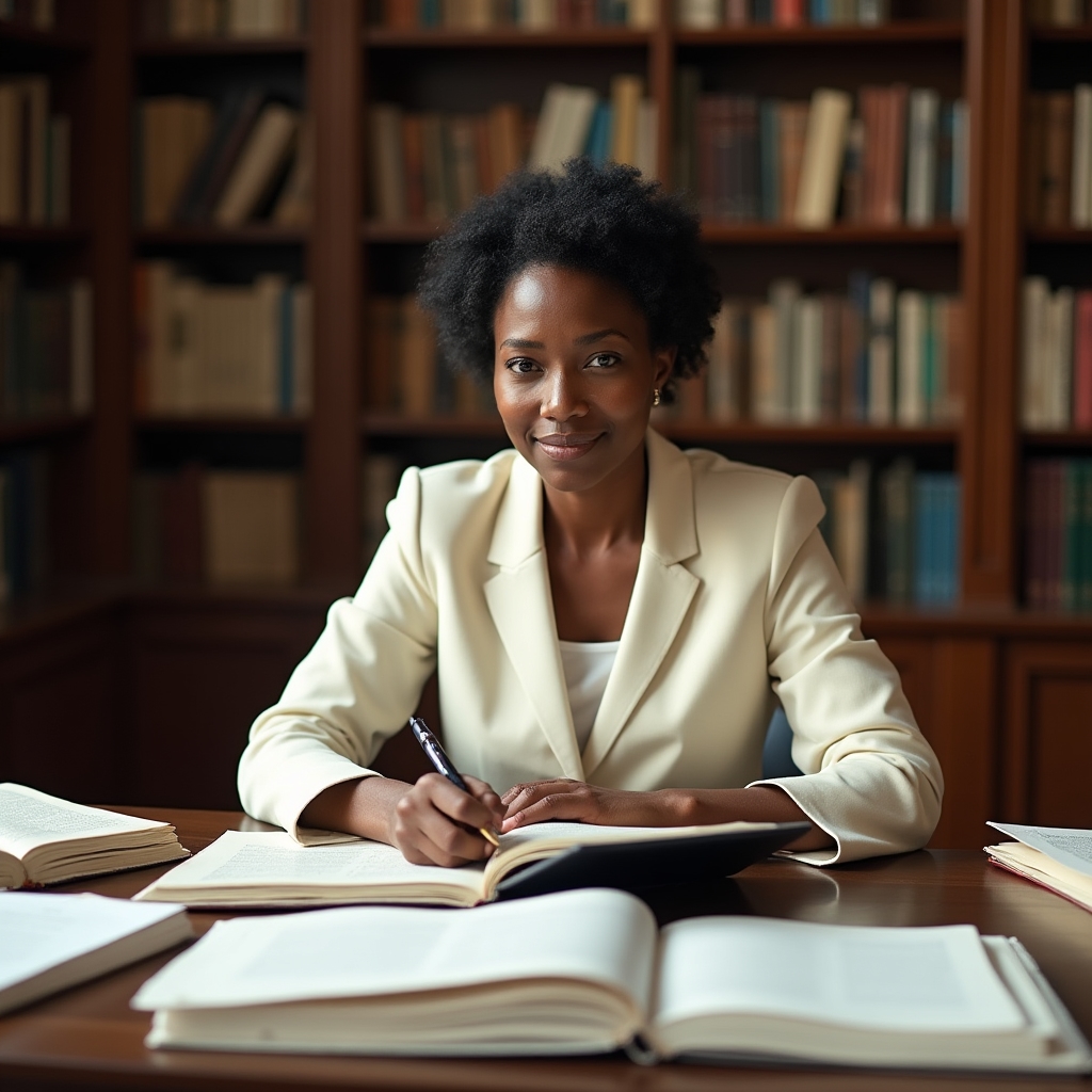 Course developer reviewing remote team management materials in a library with bookshelves and natural light