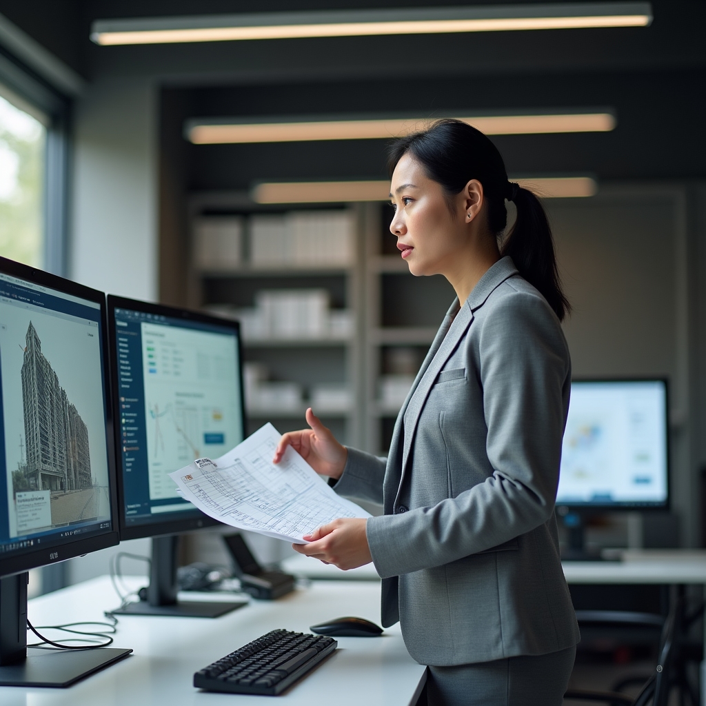 Property management team coordinator reviewing digital communication dashboards in a professional office setting with multiple screens
