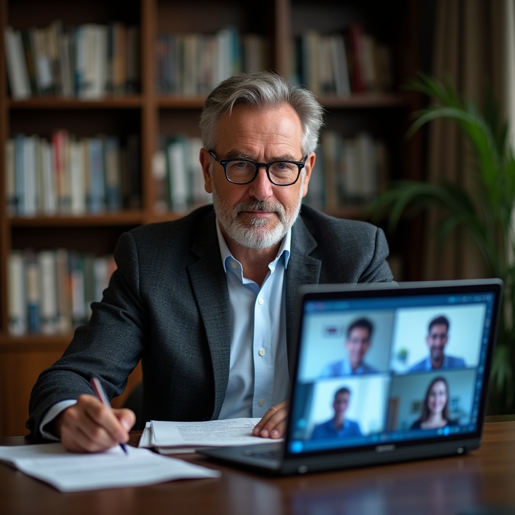 Property manager in a professional setting having a video call with field staff, reviewing property documents on a laptop