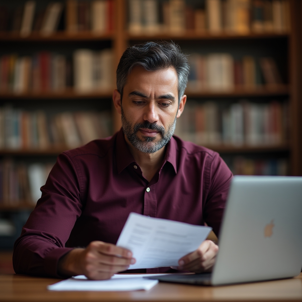 Remote management educator in a library setting, reviewing course materials with a thoughtful expression