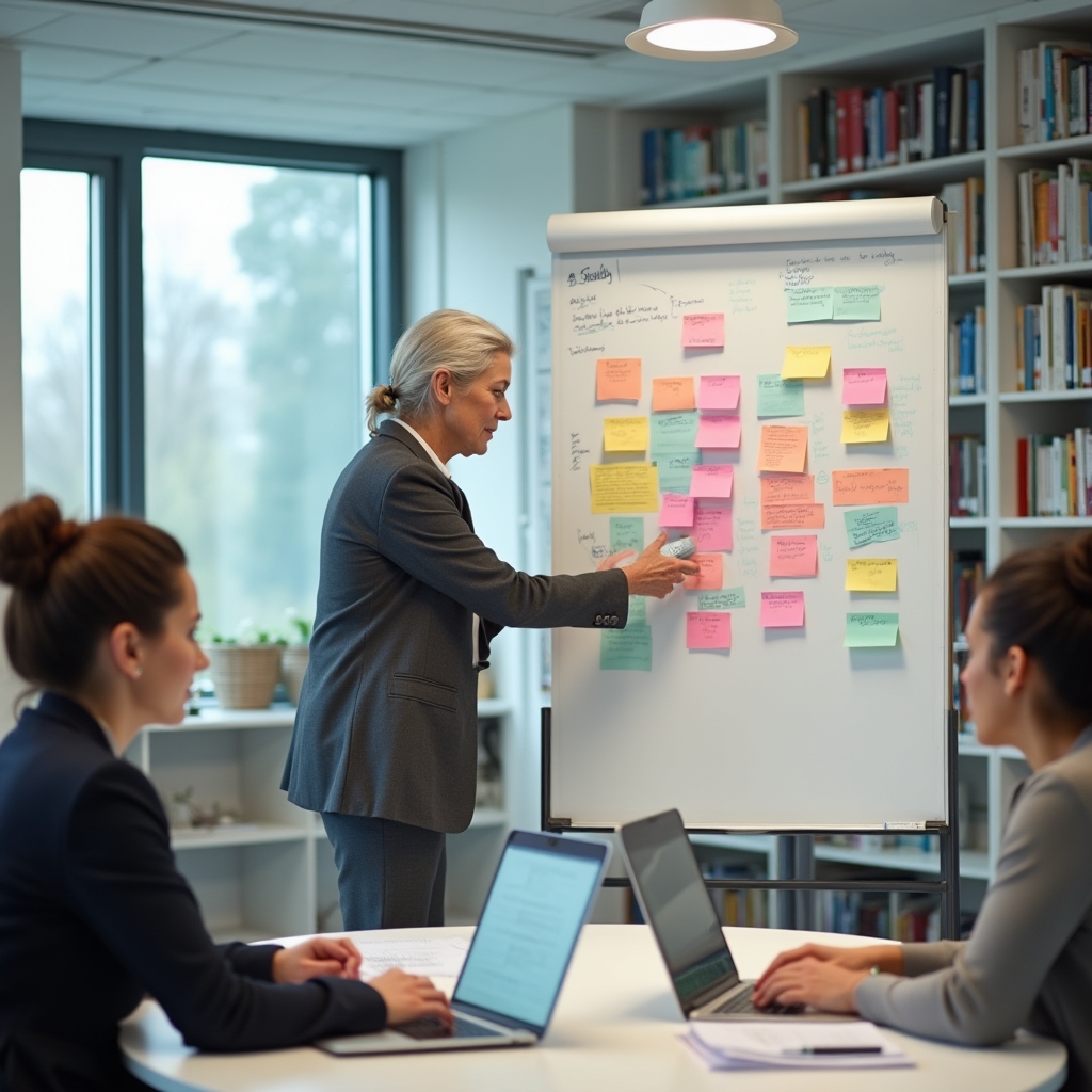 Team leader planning a virtual offsite agenda on a whiteboard with sticky notes in a bright collaborative space